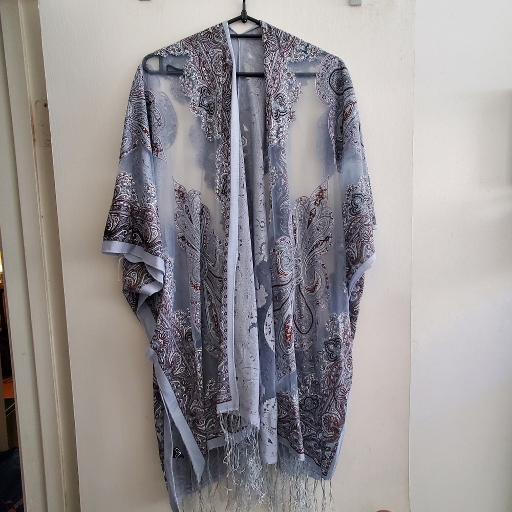 Windsor Paisley Lace Tule Blue Grey Shawl Cardigan With Tassels